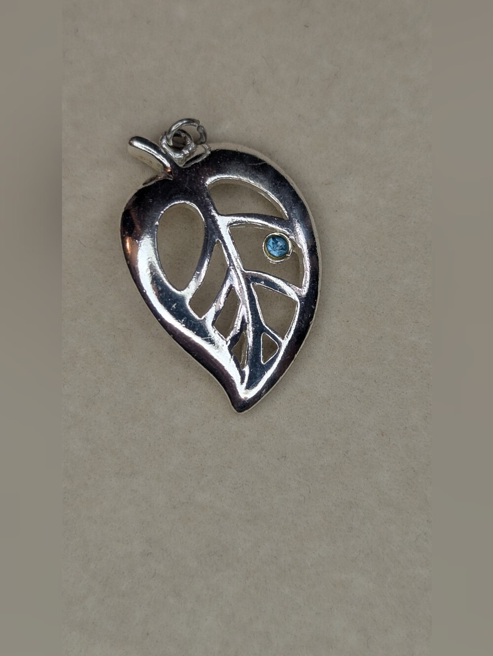Silver Leaf Pendant with Blue Crystal Accent